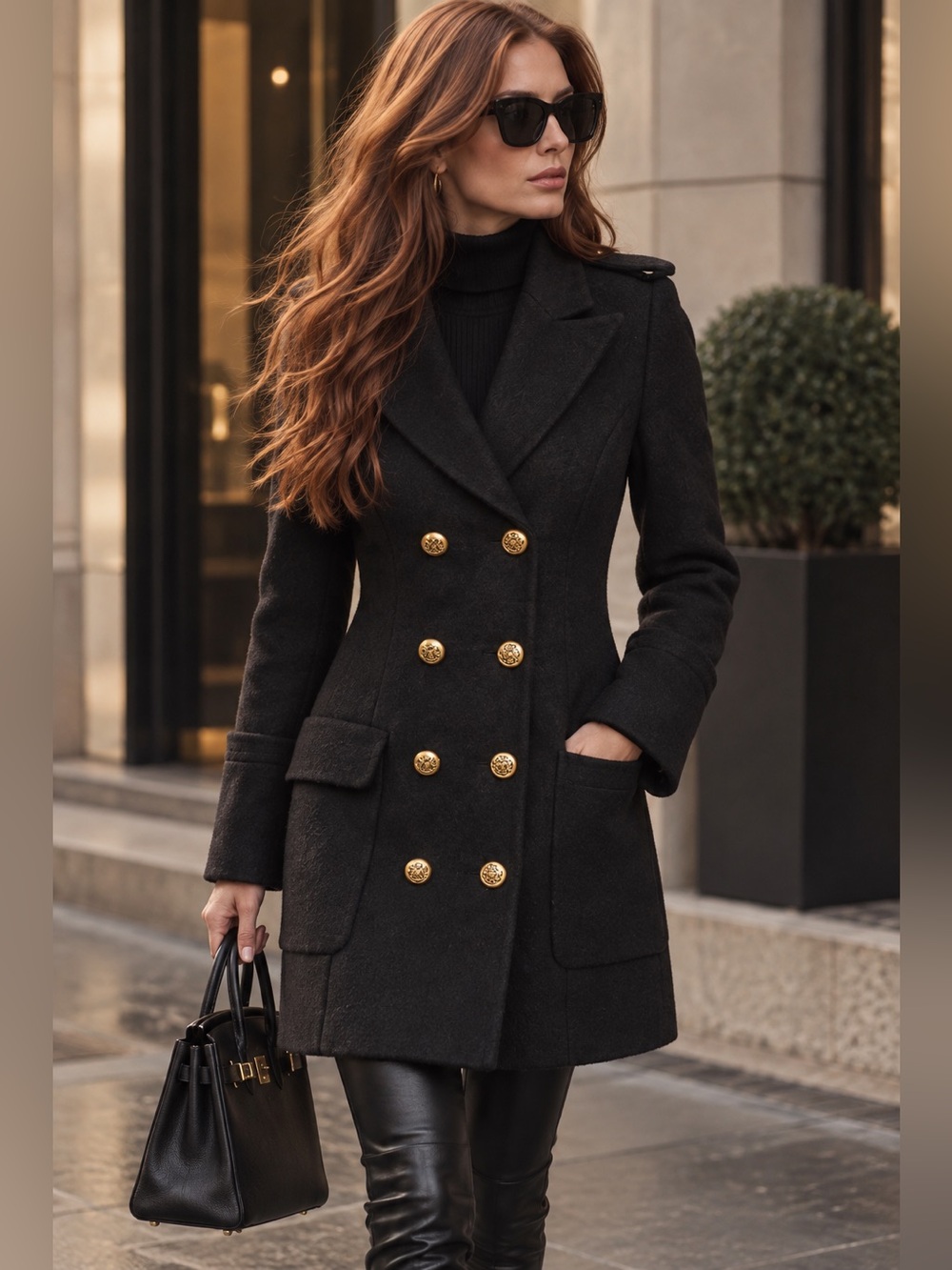 Smythe Black Wool Military Coat Gold Buttons Double Breasted Size M | Fit US 4-6